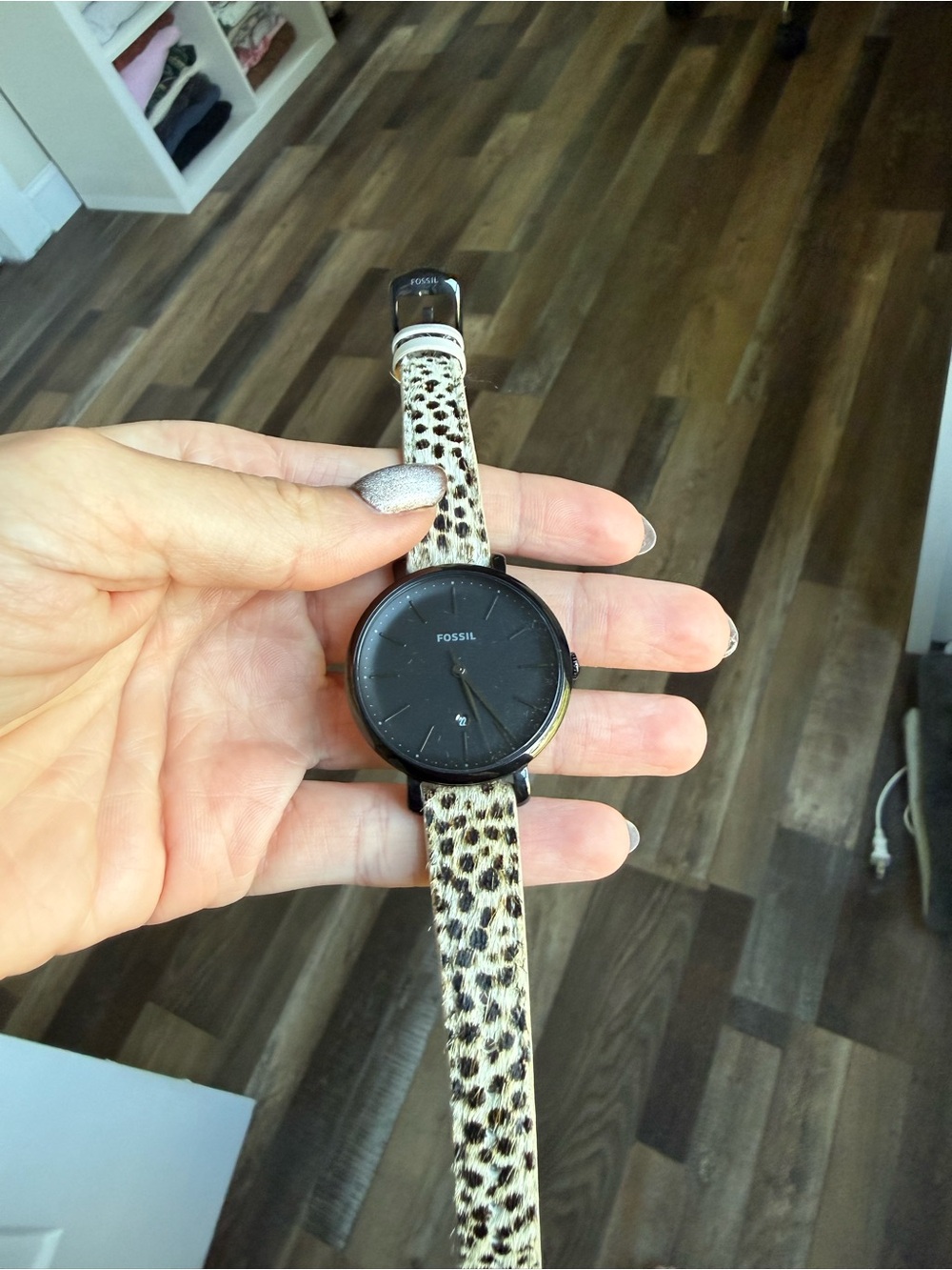 Fossil Black Dial Watch with Leopard-Print Strap